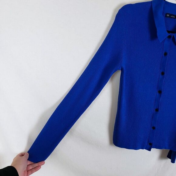 Gap Cobalt Blue Collared Cardigan Womens M Rib Knit CashSoft Preppy Minimalist - Picture 5 of 10